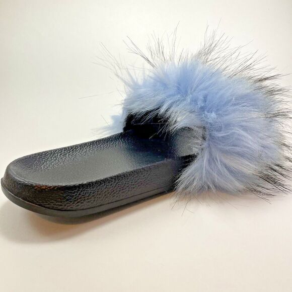 Faux Fox Fur Slides/Slippers Women's US 7.5-8 Light Blue Fuzzy Fluffy Flat Soft - Picture 4 of 15